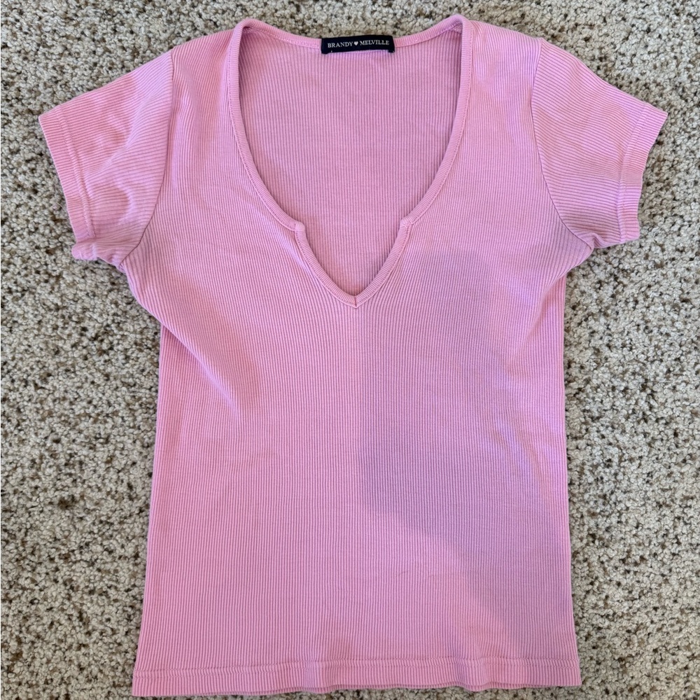 Brandy Melville Women's Pink V-Neck Tee